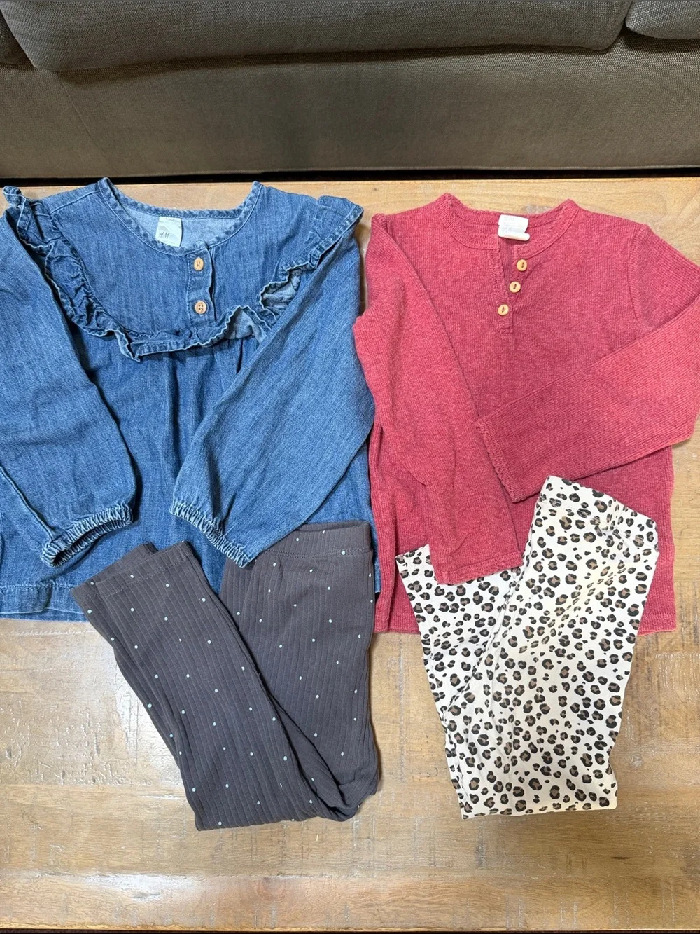 Girls Denim Ruffle Top + Red Henley Knit Set with Patterned Leggings